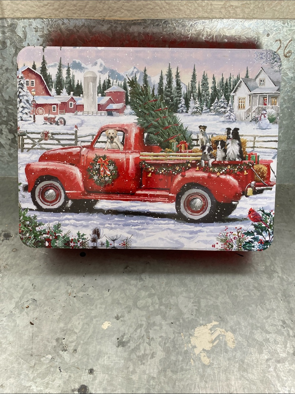 Holiday Red Truck Metal Tin with Christmas Scene